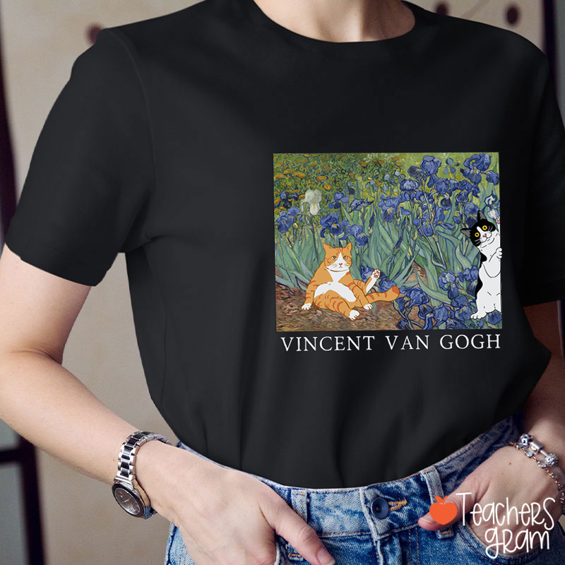 Van Gogh Irises With Cats Teacher T-Shirt
