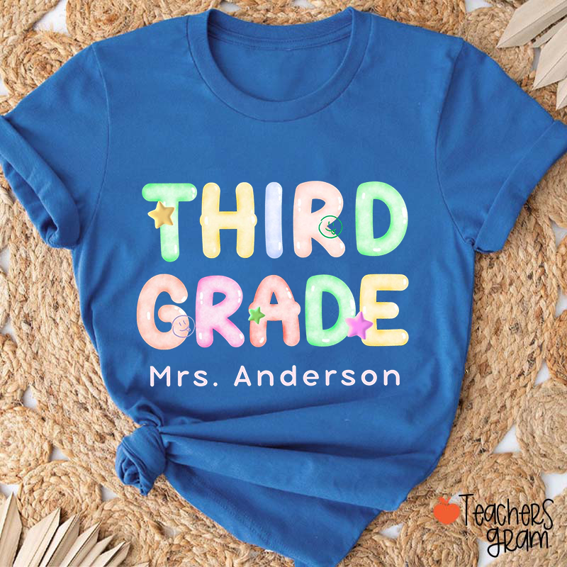 Personalized Grade Name Bubble Star Smiley Face Teacher T-Shirt