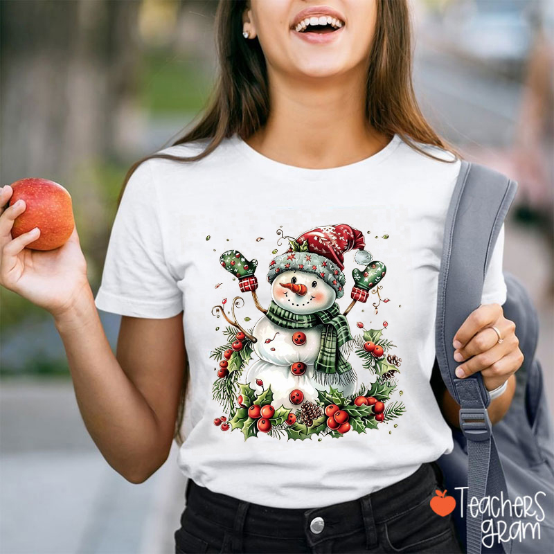 Snowman Holly Merry Christmas Teacher T-Shirt