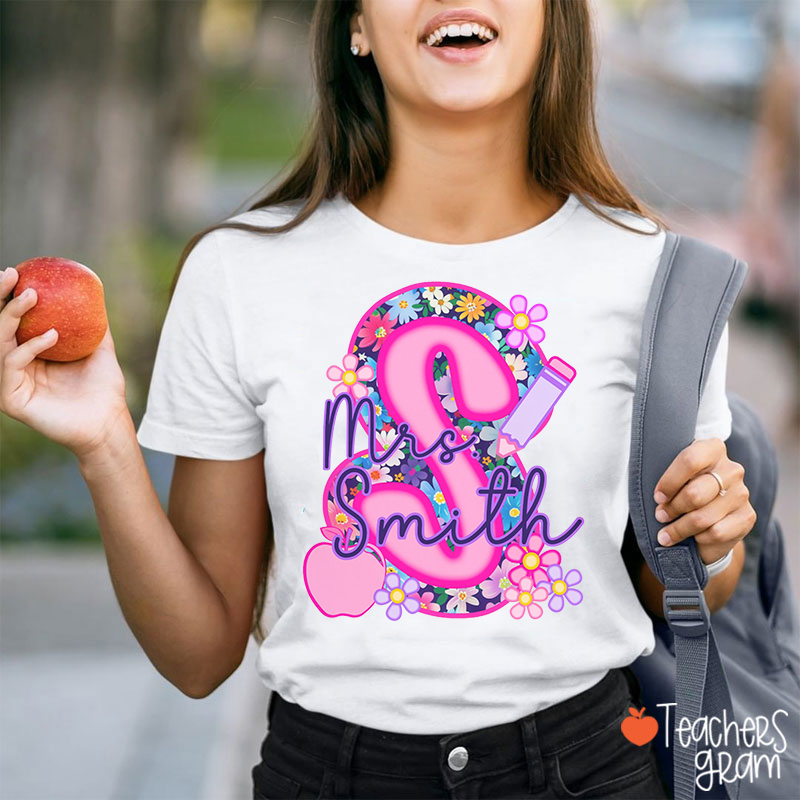 Personalized Name Pink Flowers Initials Teacher T-Shirt