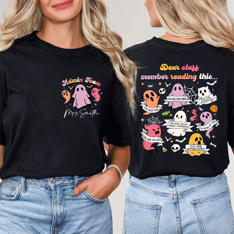 Personalized Name Admin Team SLP Halloween Teacher Two Sided T-Shirt