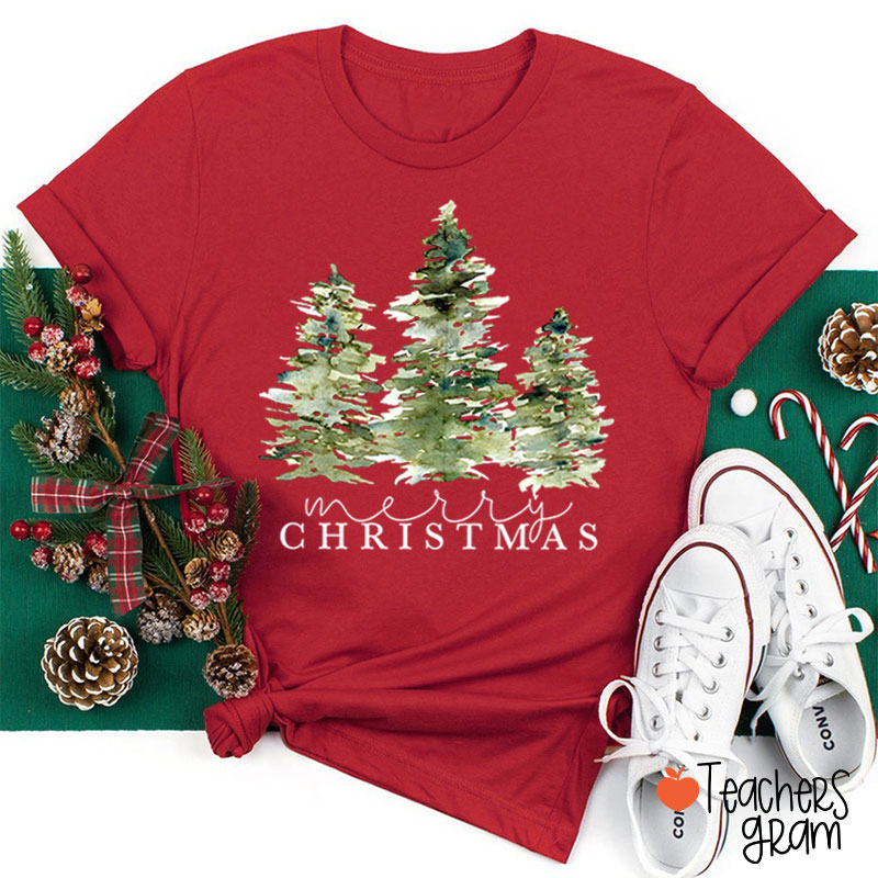 Merry Christmas Green Tree Teacher T-Shirt
