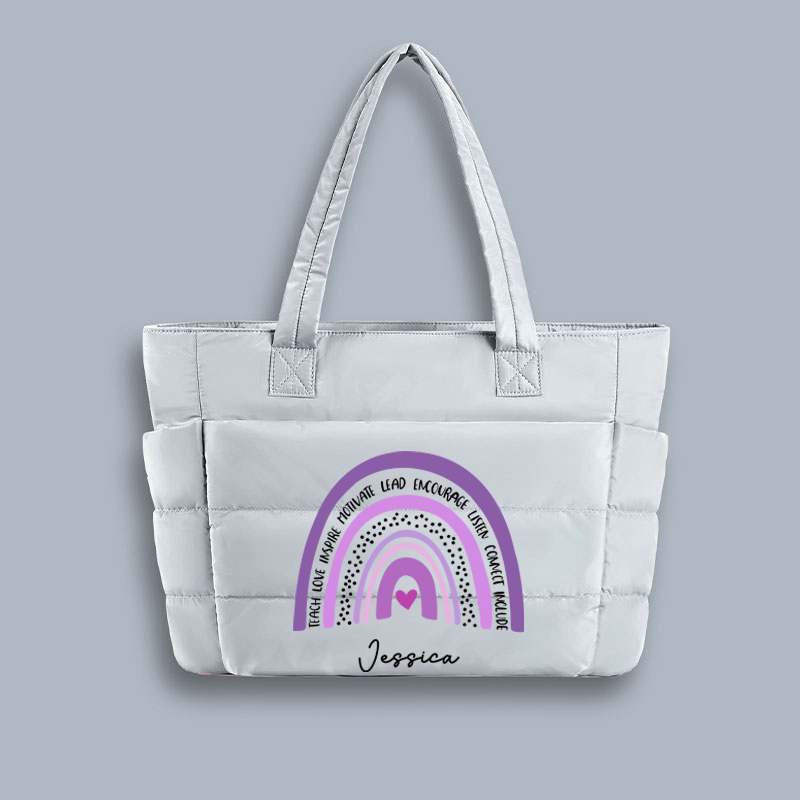 Personalized Purple Rainbow Teacher Puffy Tote Bag