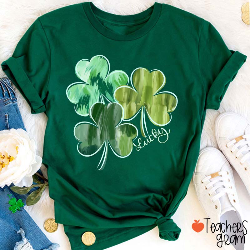 Watercolor Lucky Shamrock Teacher T-Shirt