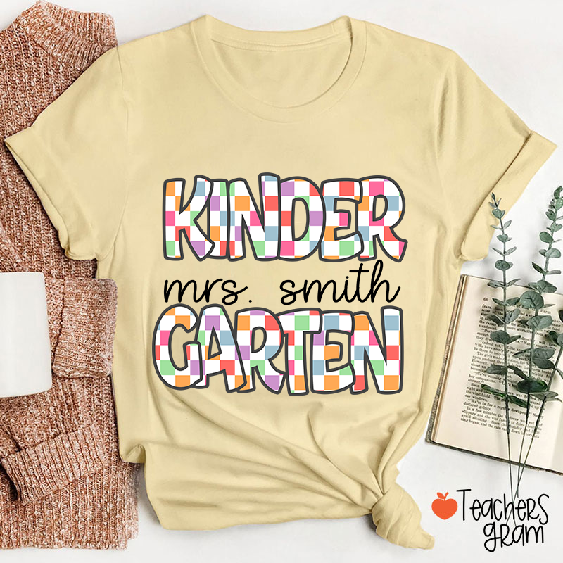 Personalized Name And Grade Checkered Fonts Teacher T-Shirt