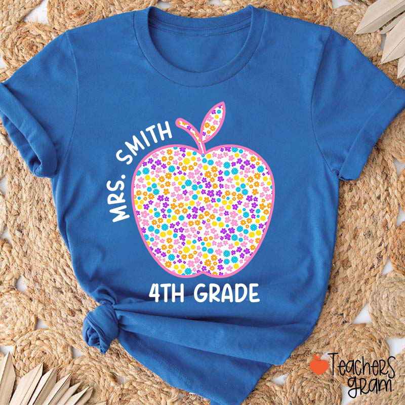 Personalized Grade And Name Blue And White Porcelain Apple Teacher T-Shirt
