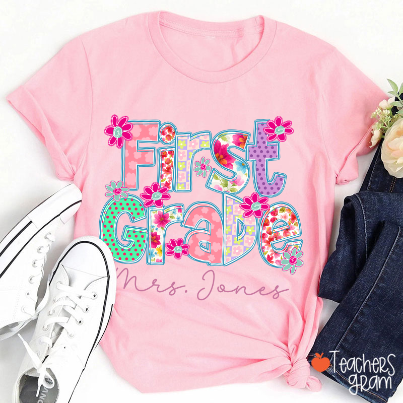 Personalized Grade Flowers Font Teacher T-Shirt