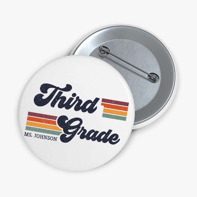 Personalized Grade And Name Retro Horizontal Stripes Teacher Pinback Button