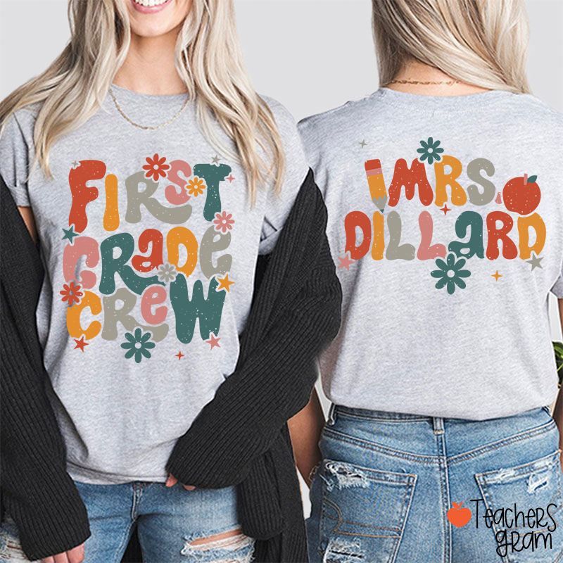 Personalized Name And Grade Bloom Flowers Teacher Two Sided T-Shirt