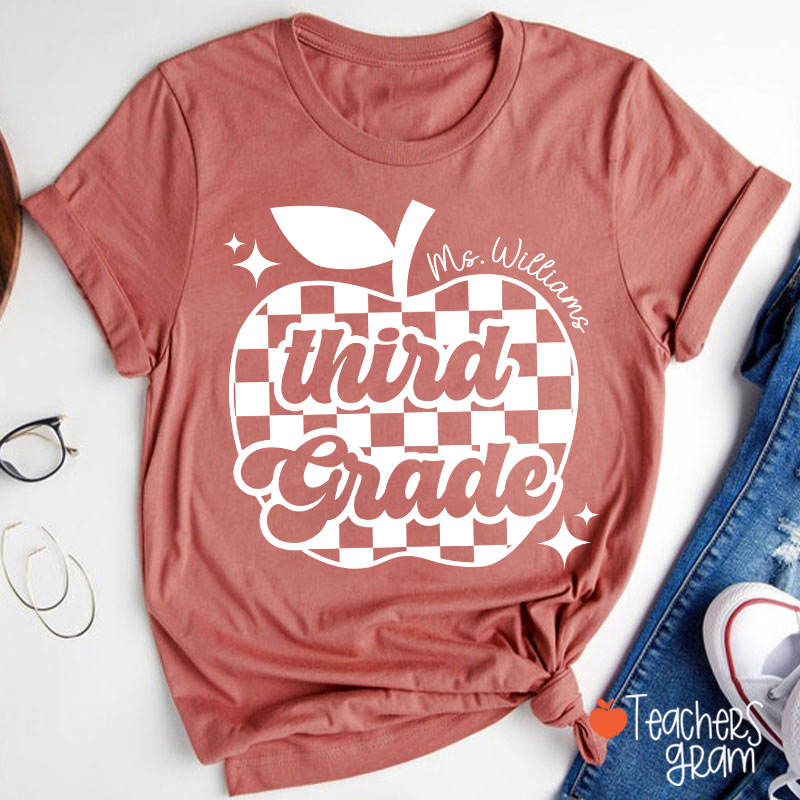 Personalized Black And White Checkerboard Apple And Name Teacher T-Shirt