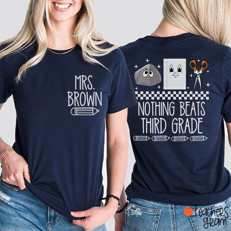Personalized Grade Name Pencil Rock Checkerboard Notebook Scissors Teacher Two Sided T-Shirt