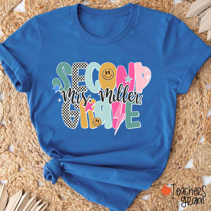 Personalized Grade Checkered Smiley Lightning Teacher T-Shirt