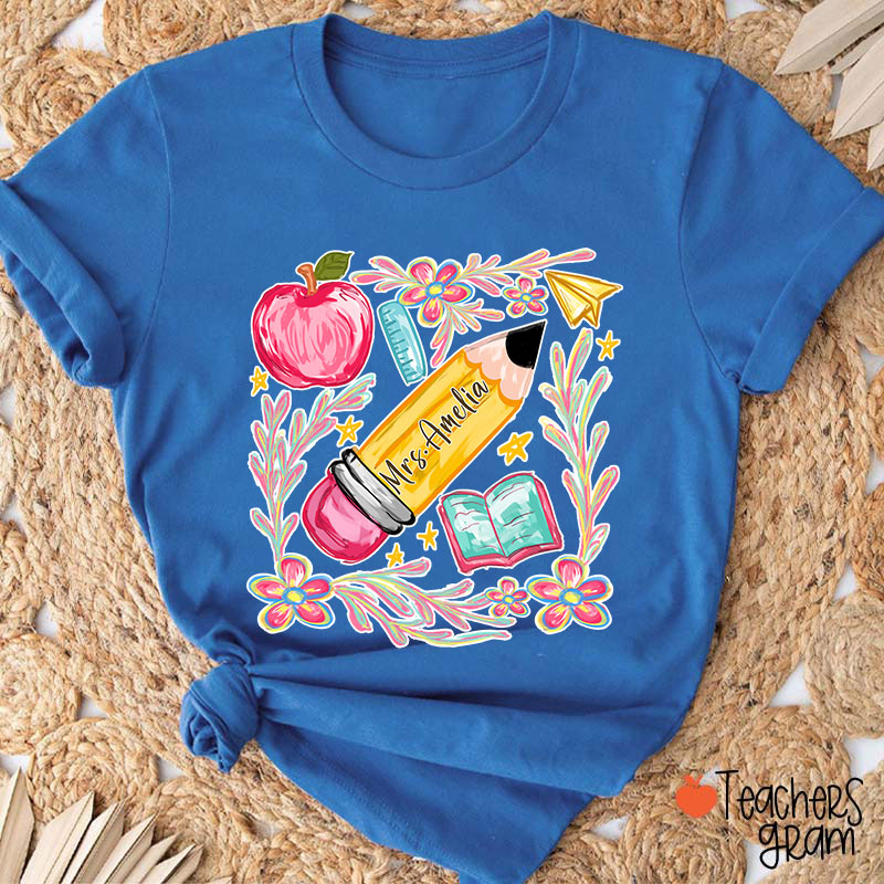 Flowers Pencil Apple Book Star Teacher T-Shirt