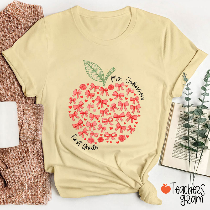 Personalized Name Or Grade Bow Apple Teacher T-Shirt