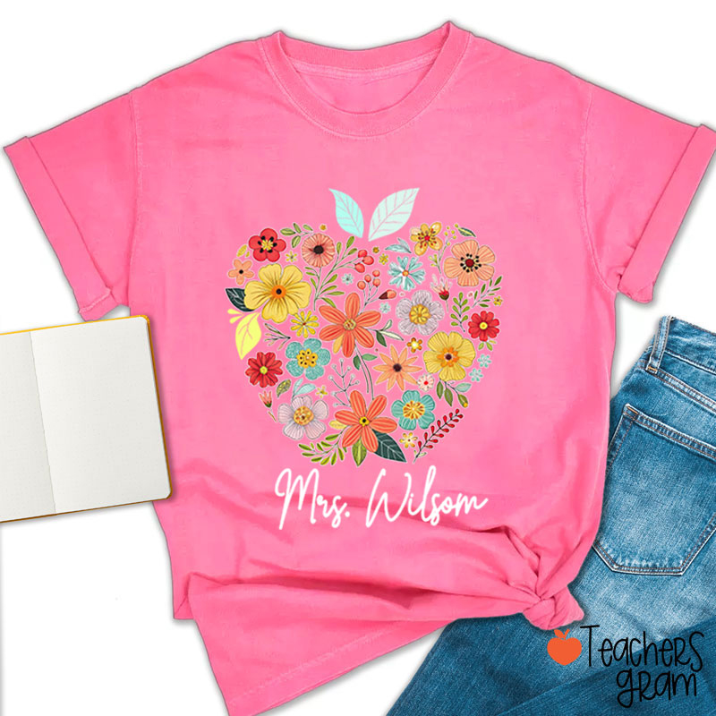 Personalized Floral Apple Name Teacher T-Shirt