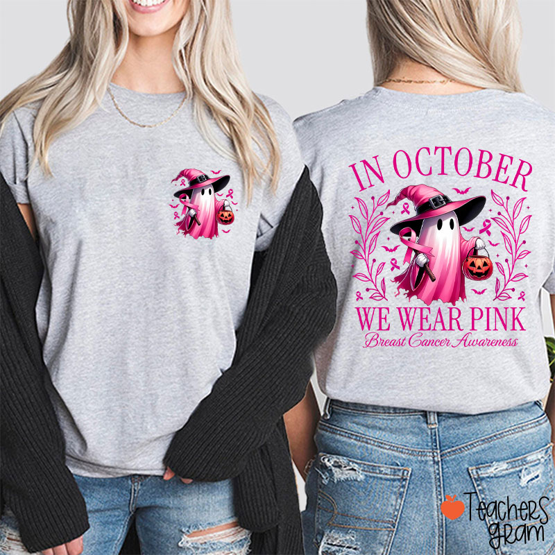 Halloween Beautifully Ghost Picture Breast Cancer Awareness Two Sided T-Shirt