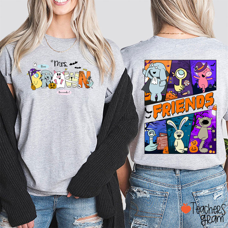 Personalized Name Boo Booooks Friends Teacher Two Sided T-Shirt