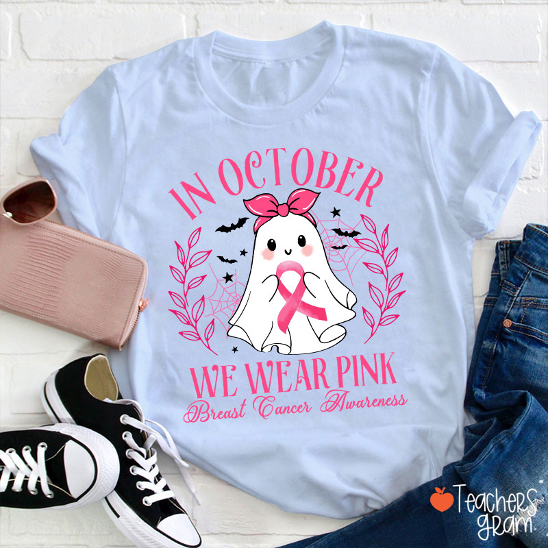 Halloween Ghost Breast Cancer Awareness Teacher T-Shirt