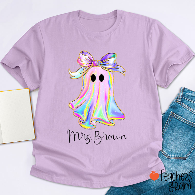 Personalized Name Colorful Neon Bow Ghost Teacher T-Shirt