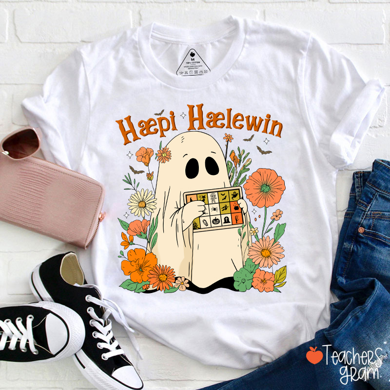 Happy Halloween Ghost With Floral Teacher T-Shirt