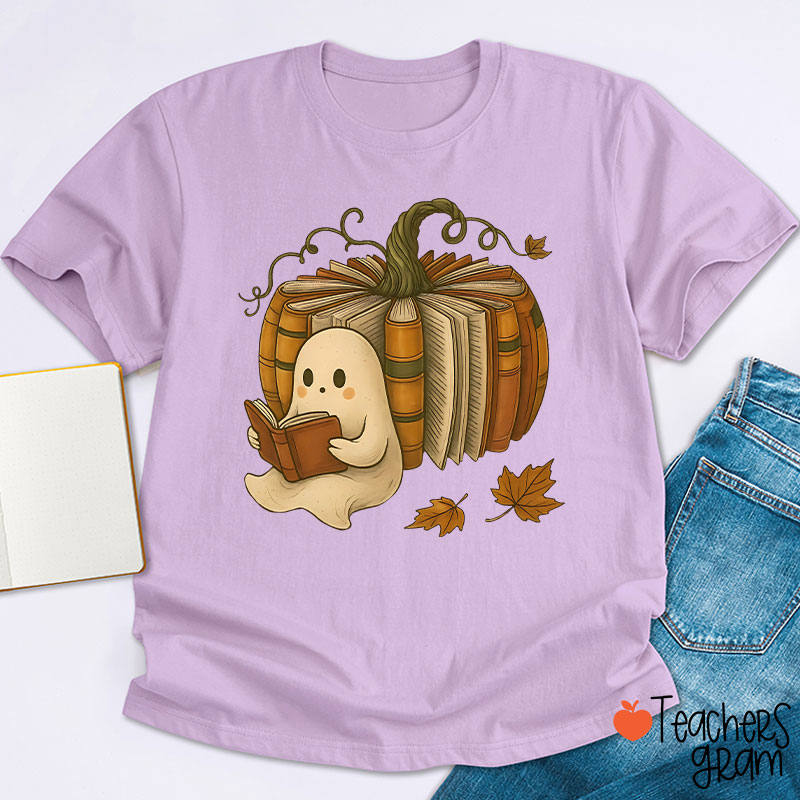 Ghost Reading Book Pumpkin Teacher T-Shirt