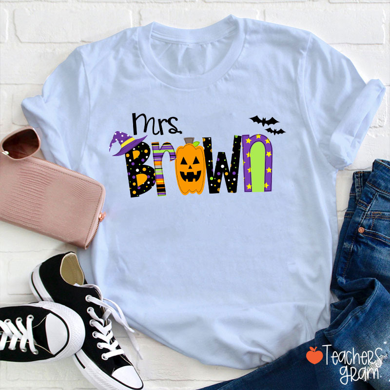 Personalized Name Pumpkin Halloween Teacher T-Shirt