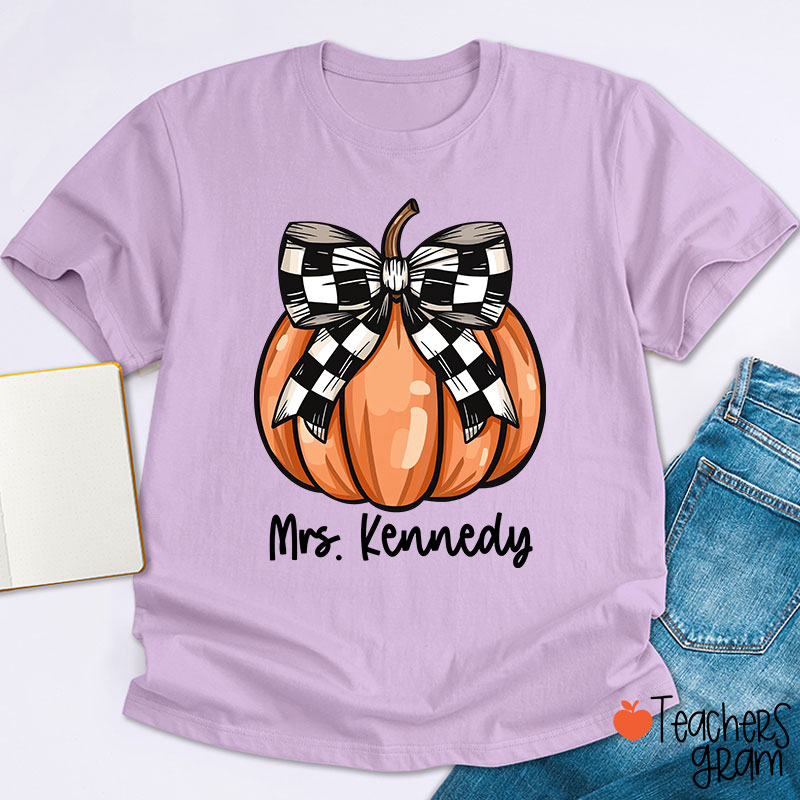 Personalized Name Pumpkin Bow Teacher T-Shirt