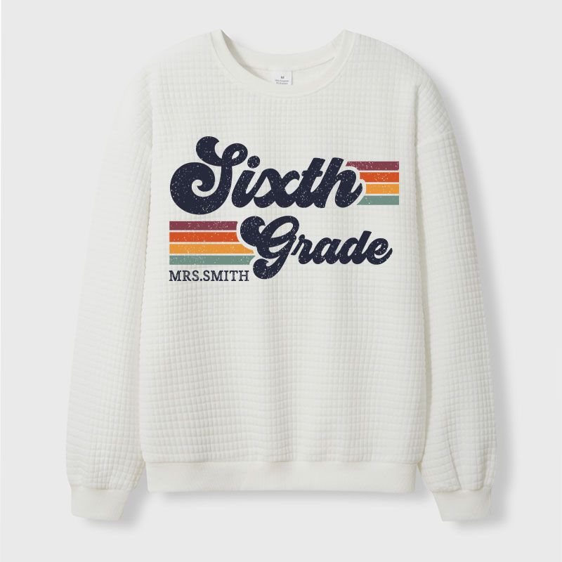 Personalized Grade And Name Retro Horizontal Stripes Teacher Waffle Knit Sweatshirt