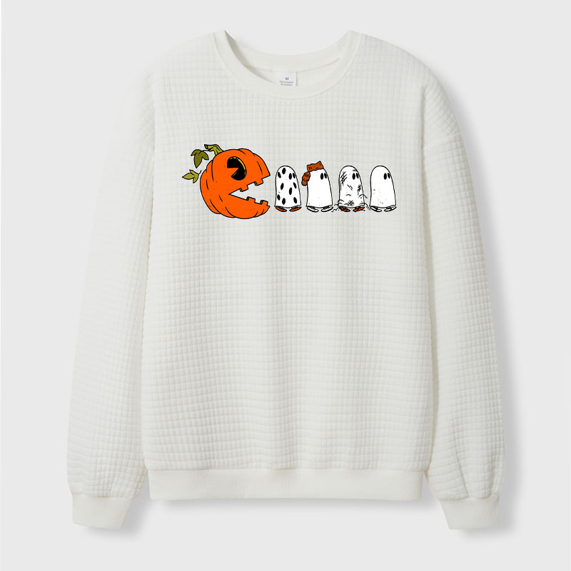 Pumpkin Ghost Pacman Teacher Waffle Knit Sweatshirt