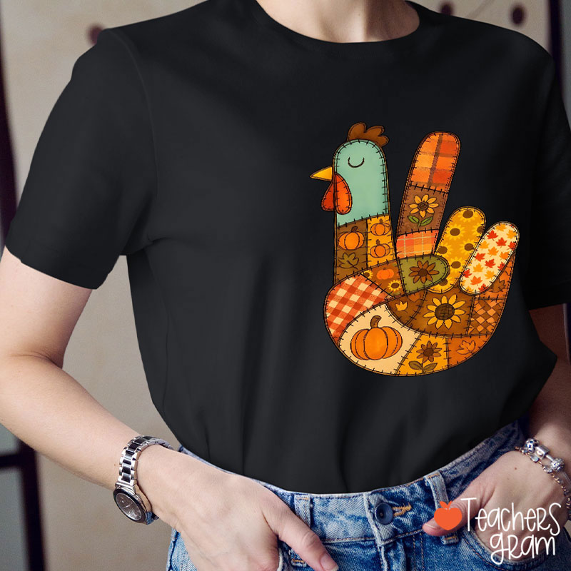 Retro Patchwork Turkey Teacher T-Shirt