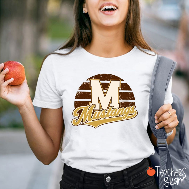 Personalized Mascot Name And Color Retro Striped Circle Initial Teacher T-Shirt
