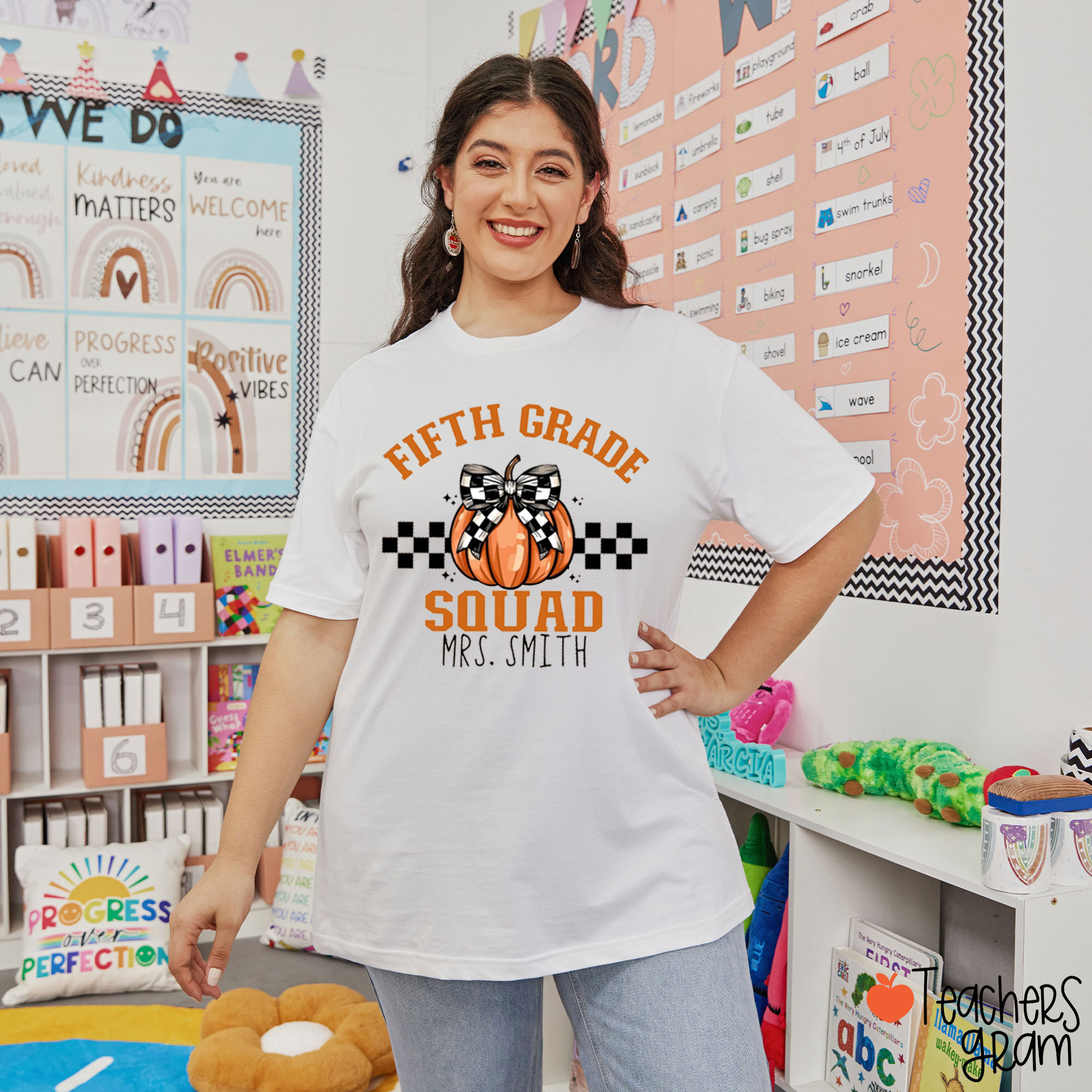Personalized Checkerboard And Pumpkin Teacher T-Shirt