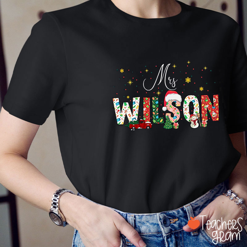 Personalized Name Cute Christmas Icons Letter Teacher T-Shirt