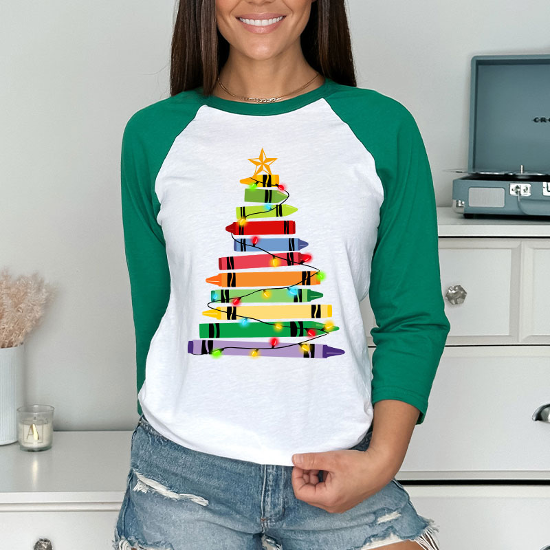Crayons Tree Colored Ligths Teacher Raglan Long Sleeve T-Shirt