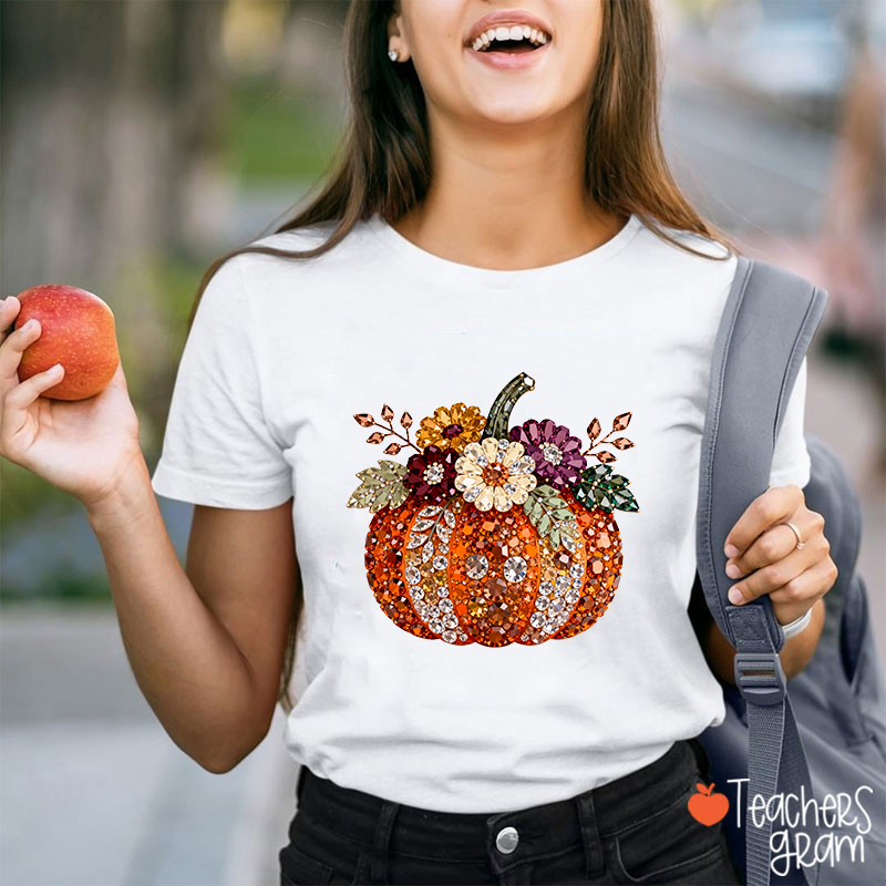Faux Rhinestone Floral Pumpkin Teacher T-Shirt