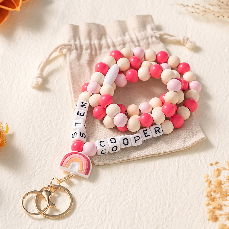 Personalized Rainbow Pink Bead Teacher Lanyard