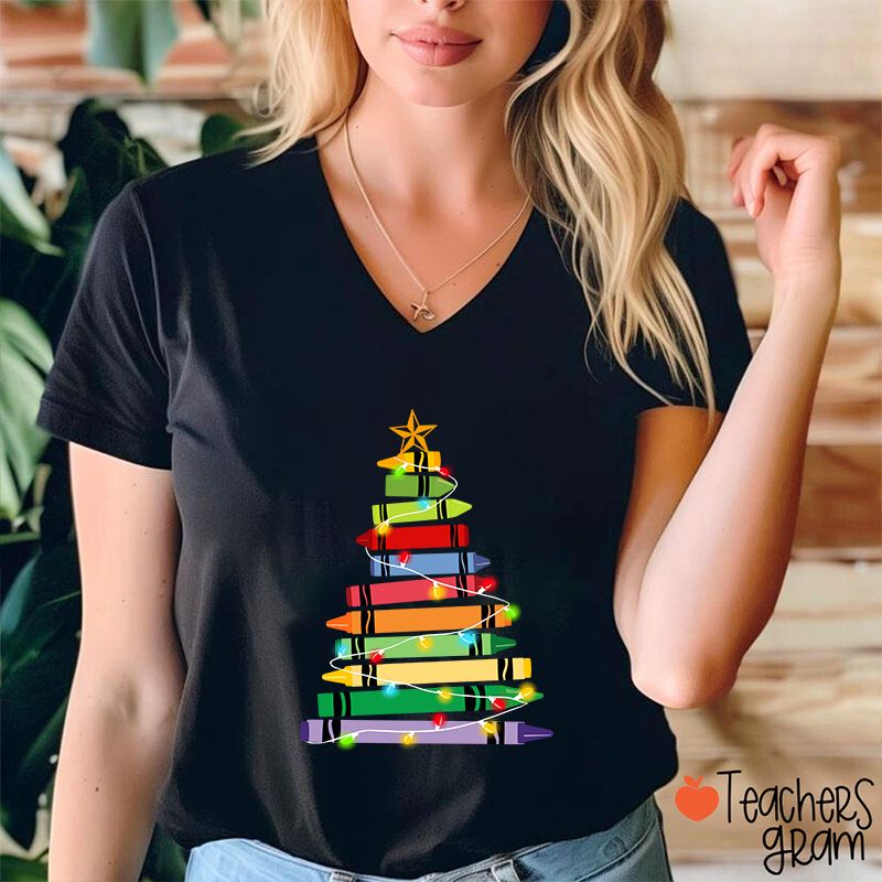 Crayons Tree Colored Ligths Teacher Female V-Neck T-Shirt