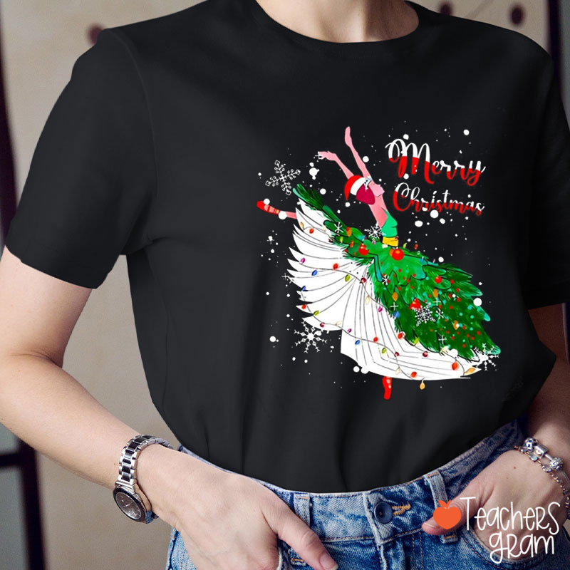 Merry Christmas Book Skirt Teacher T-Shirt
