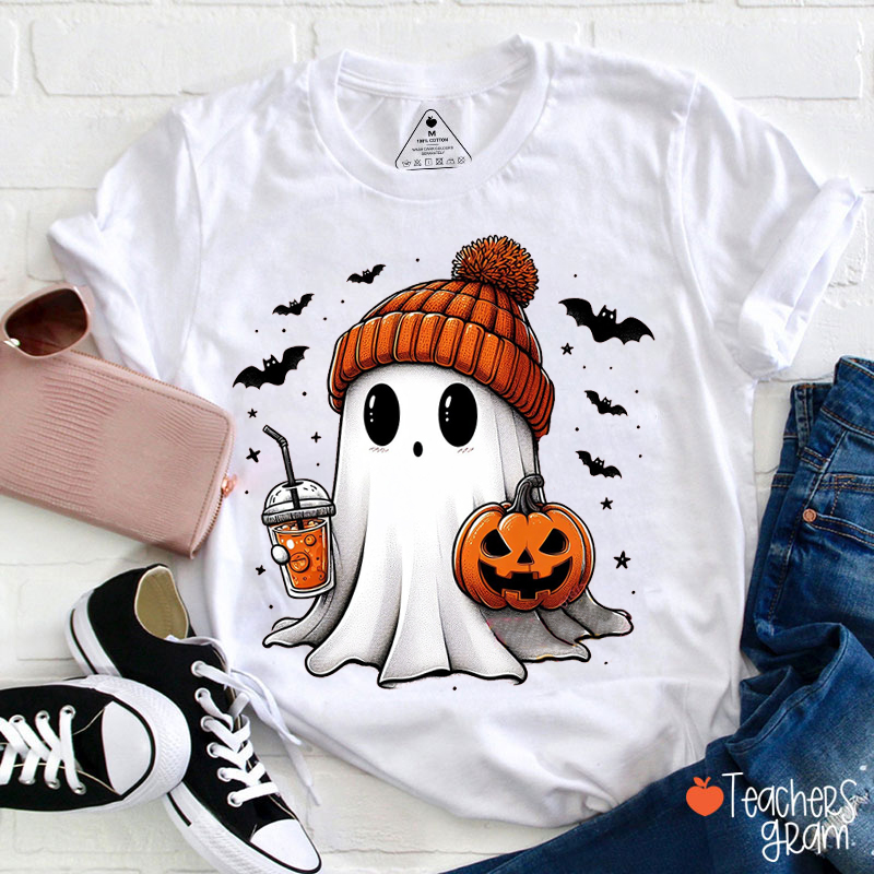 Cute Ghost Drinking Coffee Halloween Teacher T-Shirt