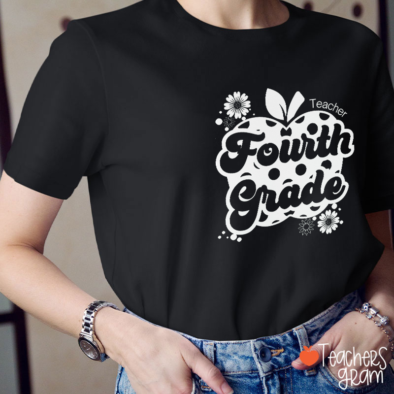 Personalized Grade Apple Flower Polka Dot Monochrome Teacher T-Shirt