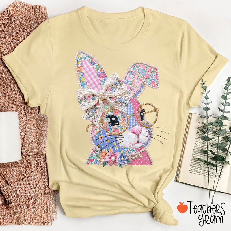 Faux Patchwork Bunny Teacher T-Shirt