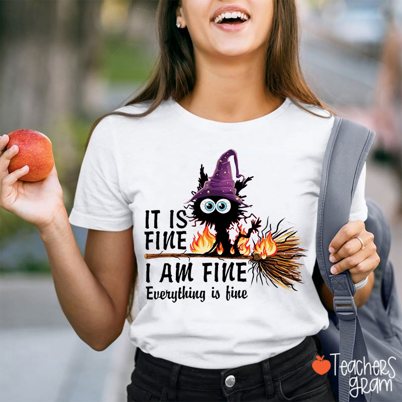 It Is Fine I Am Fine Everything Is Fine Halloween Broom Cat Teacher T-Shirt