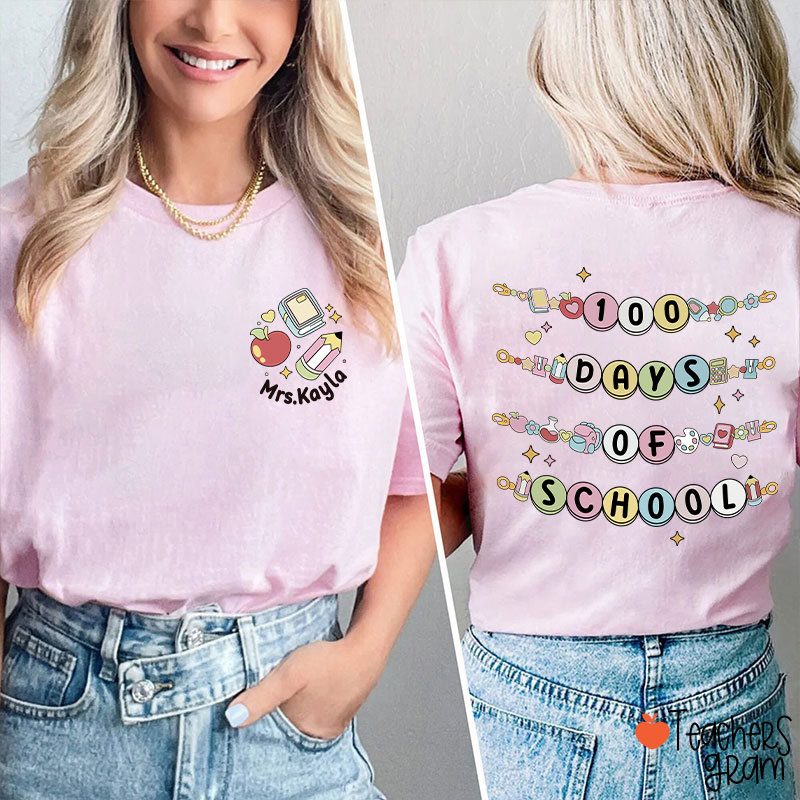 Personalized Name Happy 100 Days Of School Beaded Teacher Two Sided T-Shirt