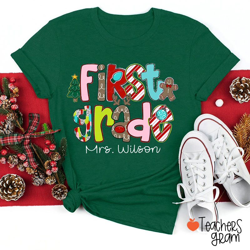 Personalized Name And Grade Cute Christmas Font Teacher T-Shirt