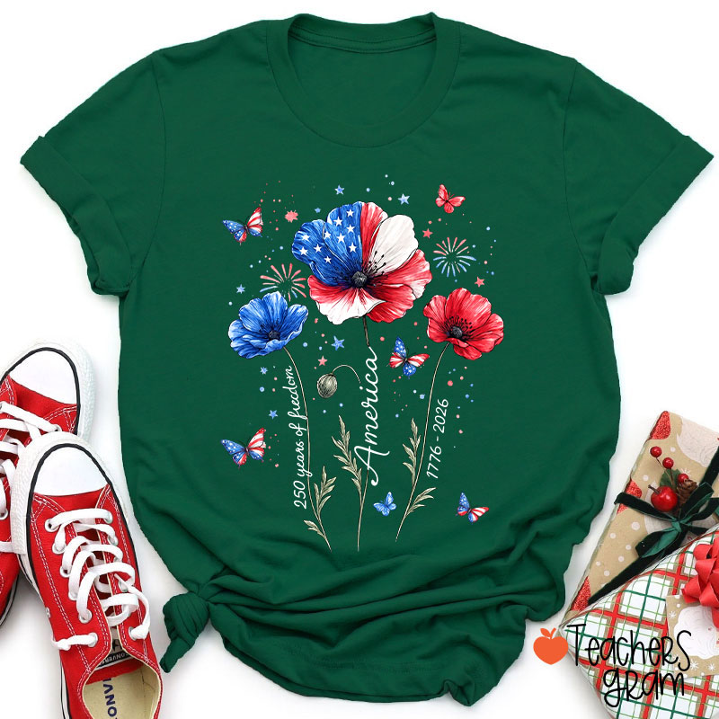 4th Of July 250 Years Of Freedom Floral Teacher T-Shirt