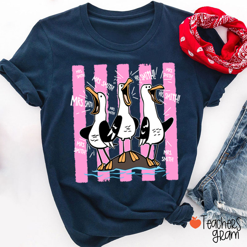 Personalized Pink Stripes Seagull Meme Teacher T-Shirt