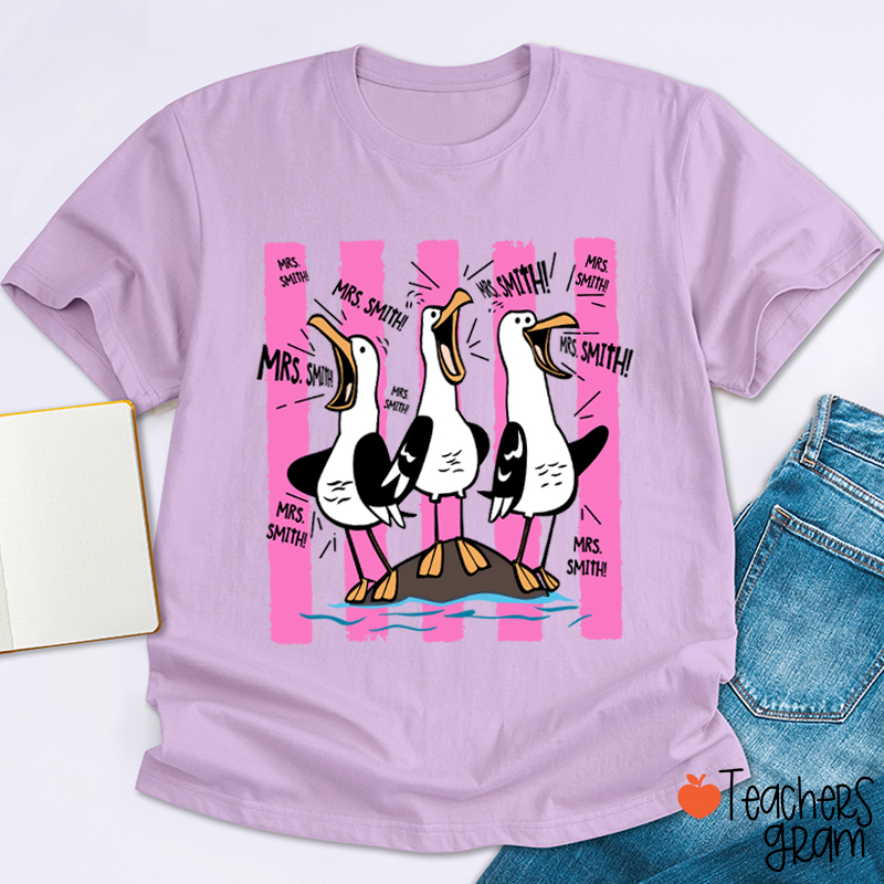 Personalized Pink Stripes Seagull Meme Teacher T-Shirt