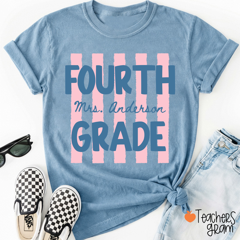 Personalized Name And Grade Preppy Stripes Teacher T-Shirt