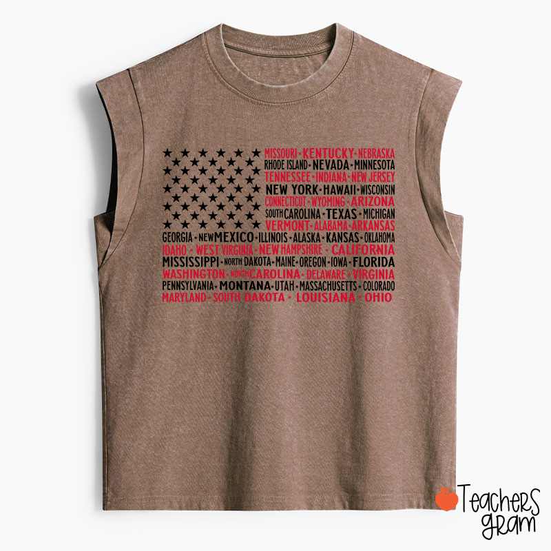 Vintage American Flag 4th Of July Teacher Washed Tank Top