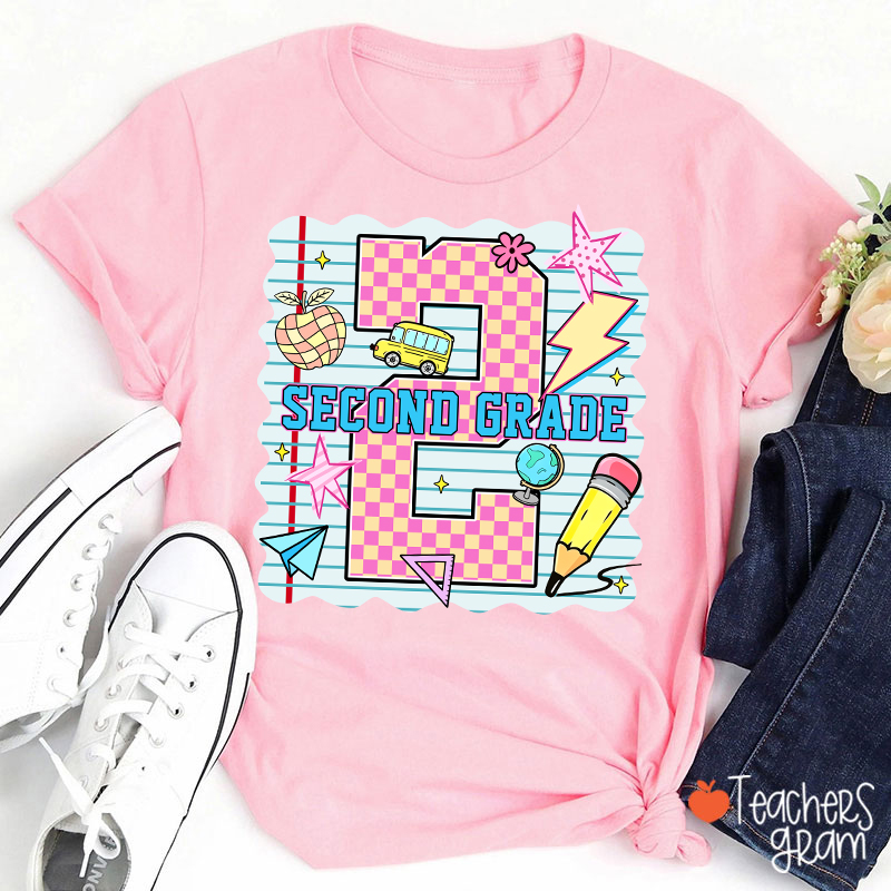 Personalized Pink Plaid And Notebook Style Teacher T-Shirt